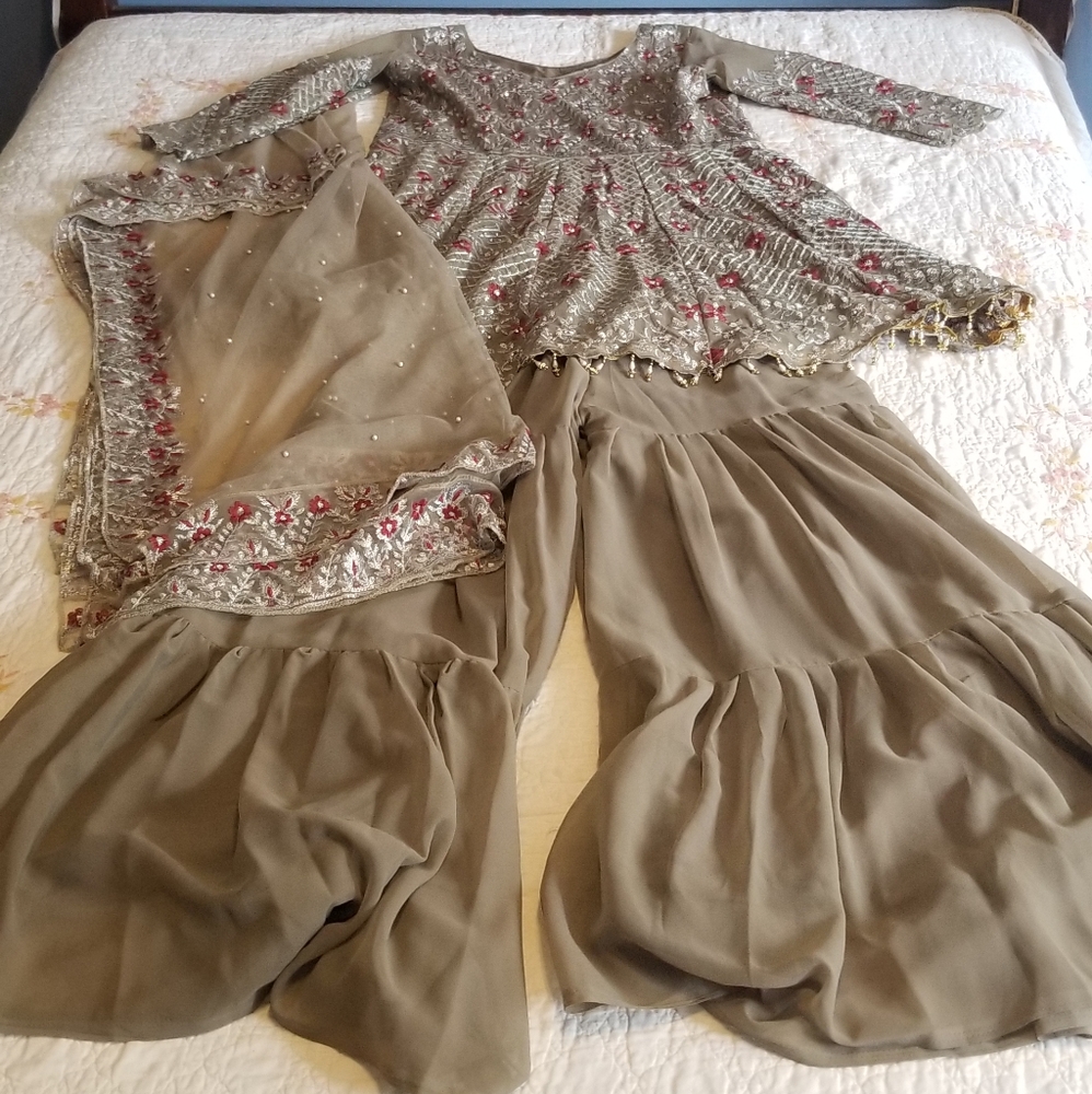 Taupe colored Sharara Salwar Kameez